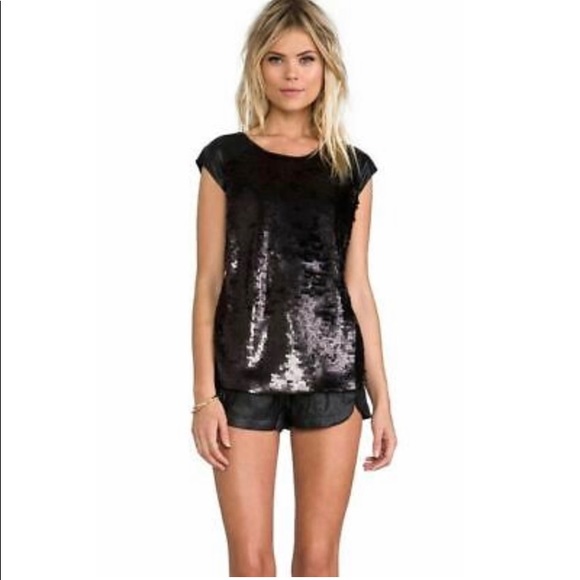 Sequin black blouse with pleather cap sleeves - Picture 5 of 5